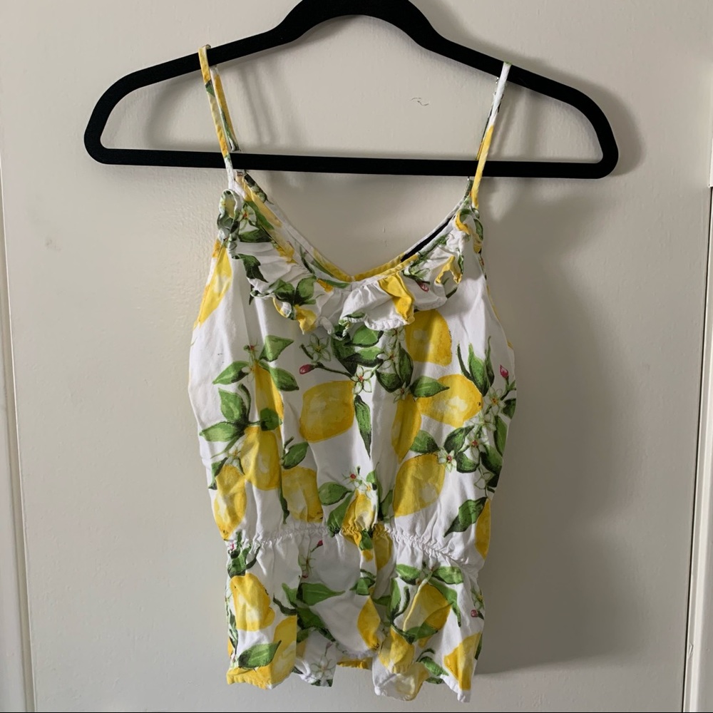 Bikbok white yellow lemon print ruffle top